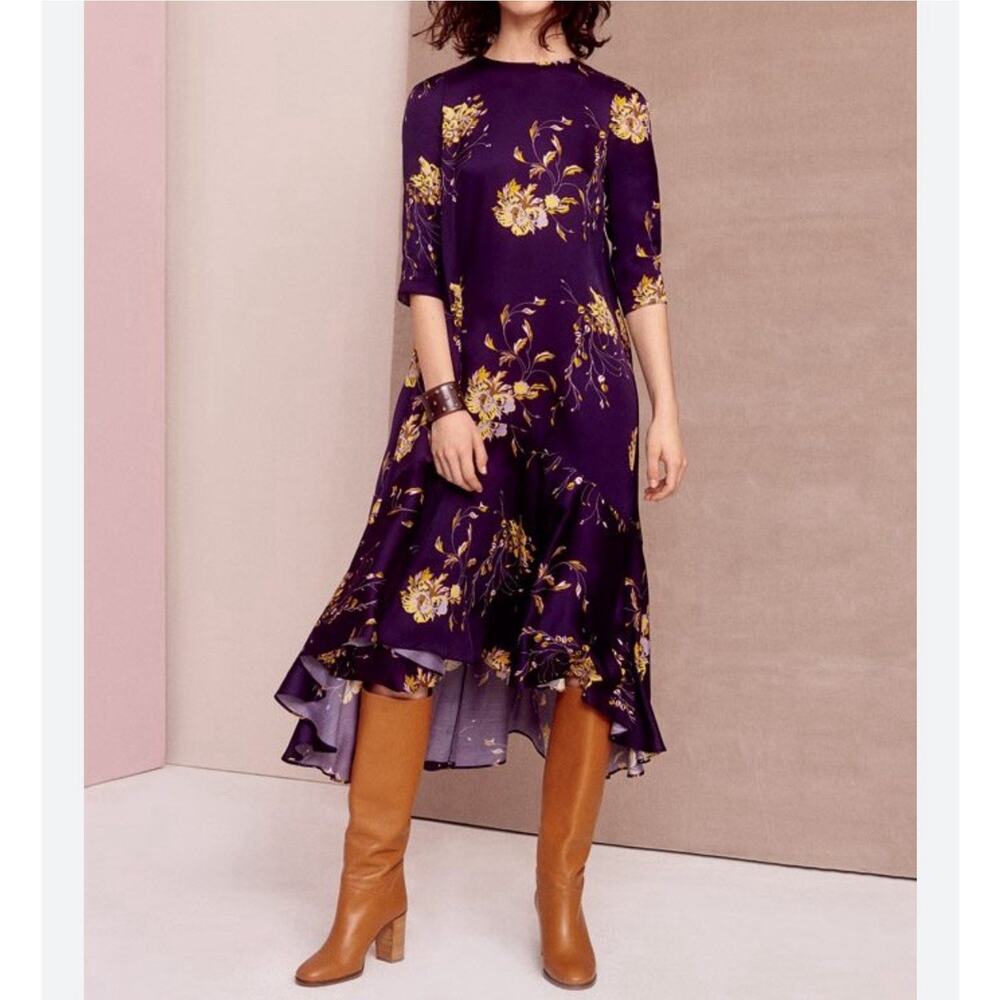 Max&Co. Purple Floral Shift Midi Dress Hi Lo Ruffle Skirt Sz XS S ? Half Slv - Picture 4 of 10